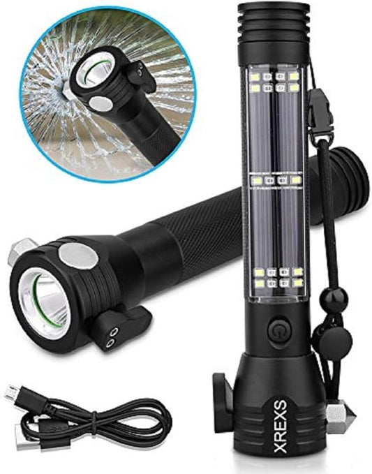 XREXS Solar & USB Rechargeable LED Flashlight (Portable, Strong)- Car Emergency & Roadside Kit | Power Outage Rescue Light | for Hiking, Camping, Outdoor | 2000mAh Battery & 7 Working Modes