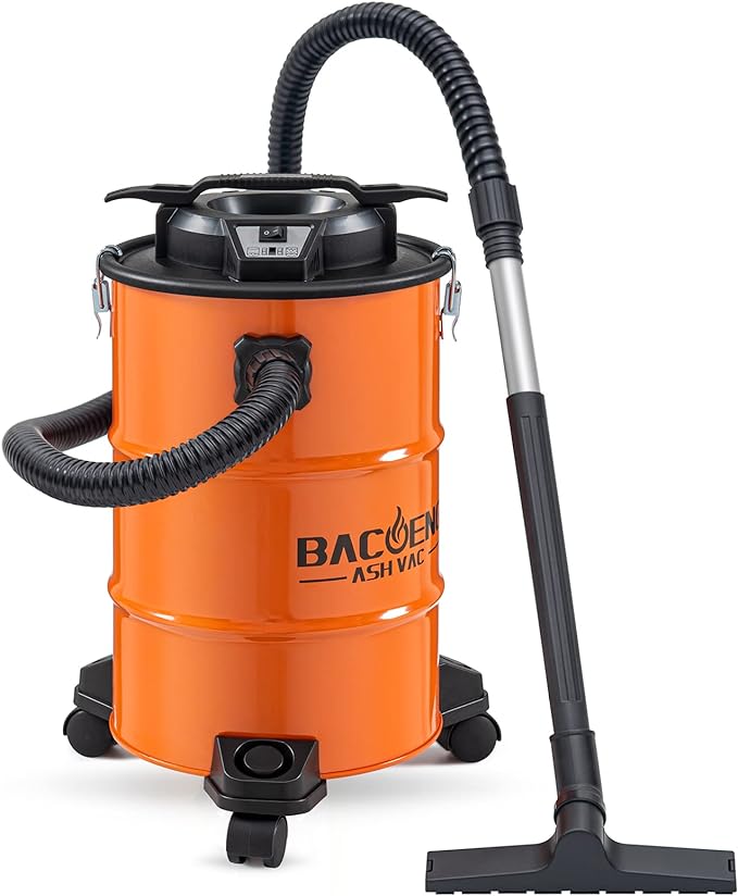 BACOENG 5.3-Gallon Ash Vacuum with Double Stage Filtration System, 10 Amp Ash Vacuum for Pellet Stoves with 1200W Powerful Suction, 5FT Metal Hose and 360° Rotating Wheel