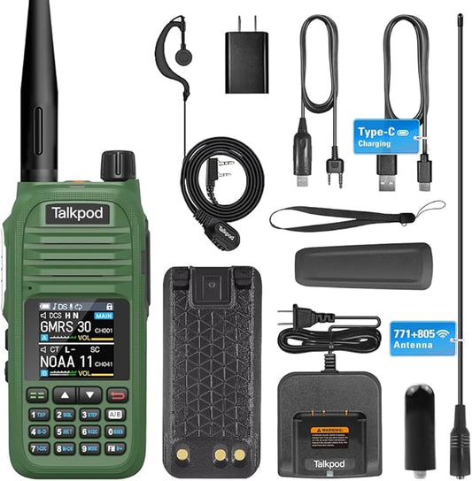 A36SE GMRS Handheld Radio Long Range, Multi Band Walkie Talkie with 771 Aviation Antenna ＆ 805 Antenna, Type-C Rechargeable Battery, AM/FM Reception, NOAA, Two Way Radio with Earpiece (Green)