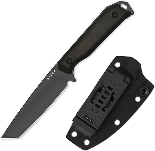 Kizer Begleiter Fix Fixed Blade Knife, 3.74" Tanto 3V Blade Hunting Knives with Kydex Sheath, Brown Richlite Handle EDC Knife for Camping Hunting Survival 1045MT1