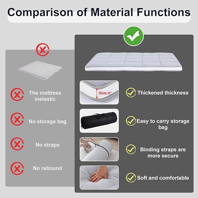 Tiita Queen Memory Foam Mattress Topper, 4" Thicken Futon Floor Mattress with Storage Bag and 2 Straps, Portable Roll Up Travel Car Camping Mattress Sleeping Pad, Grey