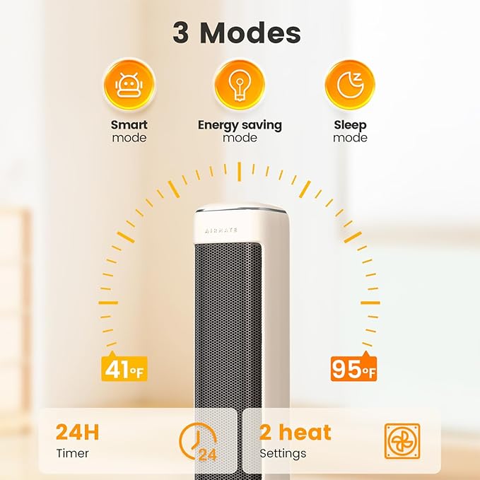 AIRMATE 25" Space Heater for Indoor Use Large Room, Ceramic Tower Electric Heater with Thermostat, Oscillating Room Heater with Timer, Remote Control, Overheat Protection heater for Bedroom(Beige)