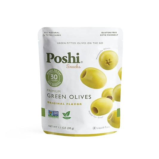 Poshi Green Olives On-The-Go - Original Flavor - Single Serve Pitted Olives - Convenient and Healthy Snack Packs - All Natural, Non-GMO, Kosher, Gluten-Free - 1.1 Oz Bags (10/Pack)