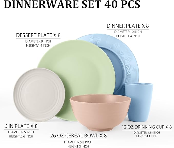 40 PCS Wheat Straw Dinnerware Sets Unbreakable Dishes Set for 8 Plastic Plates and Bowls Sets with Cups Dishwasher & Microwave Safe - Colorful
