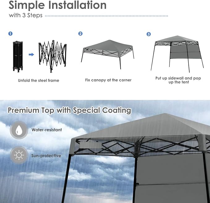 Tangkula 7x7 Ft Pop Up Canopy, Slant Leg Outdoor Tent with Carry Bag & 4 Stakes, Compact Portable for Hiking Camping Fishing & Picnic (7'x7' Base, 6'x6' Top)