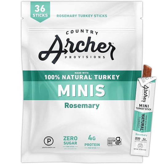 Country Archer Mini Turkey Jerky Sticks - All Natural Turkey Sticks, Protein Snack for People, Meat Snack, Gluten Free, Keto, Rosemary Flavor - 0.5 oz (Pack of 36)