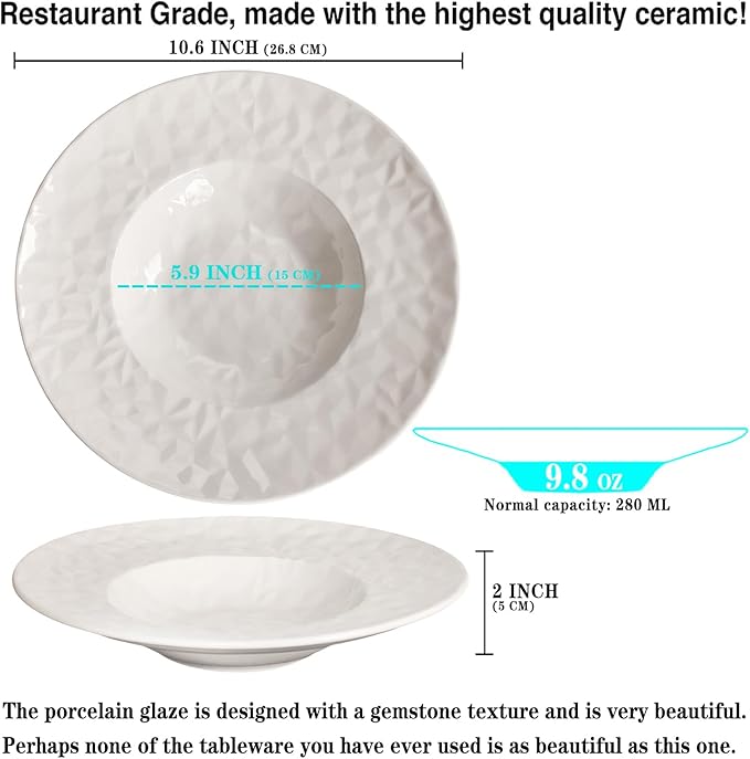 Porcelain Soup Bowls soup Plate Pasta Bowl Set of 4 Shallow Bowl Plates, 9.8 oz Rimmed Bowls with Rim, Microwave ovens and refrigerators safe Gemstone 10.6 Inch