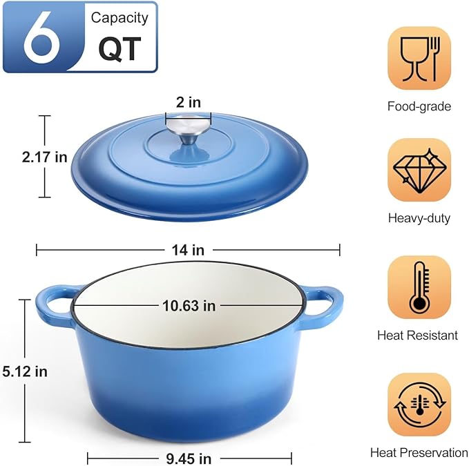 P&P CHEF 6QT Enameled Dutch Oven, Cast Iron Dutch Oven Pot with Lid for Bread Baking, Enameled Casserole Pot for Roasting Braising Stewing Frying Simmering, Various Stoves & Easy Clean, Blue