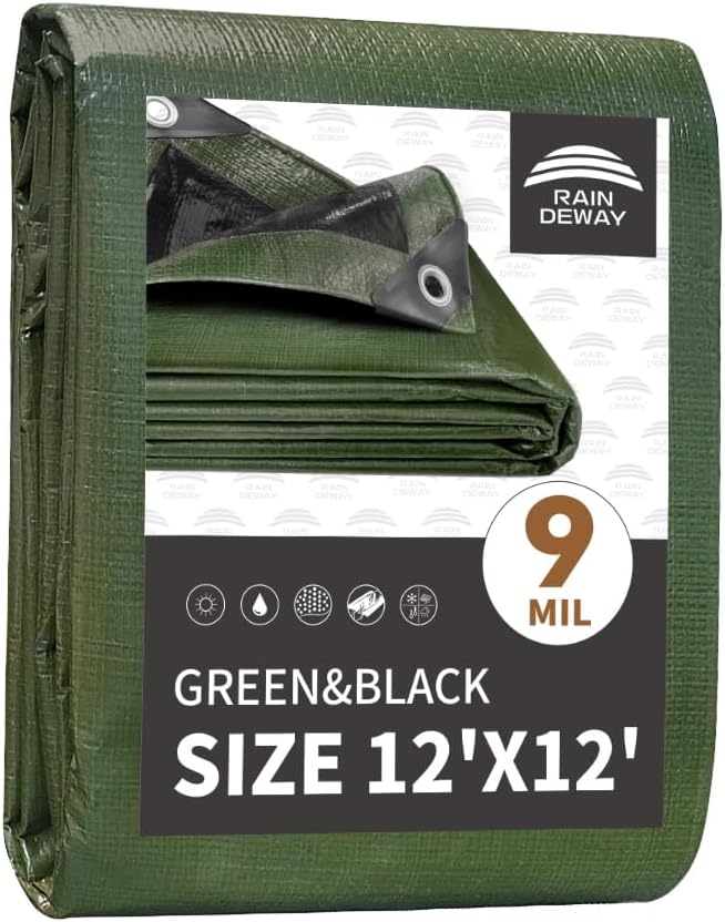 RAINDEWAY Tarps 12x12 Feet,Tarp Waterproof,9Mil Thick,Finished Size,Multipurpose Poly Tarp Cover with Metal Grommets and Reinforced Edges,Green/Black Tarpaulin