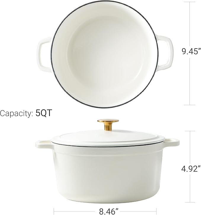 CAROTE Cast Iron Dutch Oven Pot with Lid, Enameled Dutch Oven for Sourdough Bread Baking, Dual Handles, Heavy-Duty Cast Iron Pot, 5QT, White