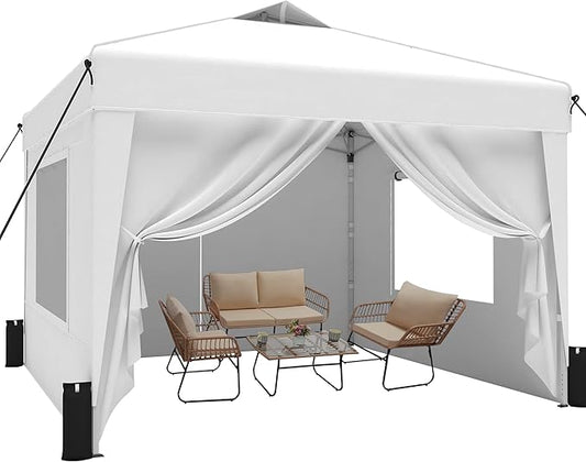 SANWAY 10x10 Pop Up Canopy Tent with Sidewalls x 4 – Easy Setup Canopy Tent, Waterproof, UV-Resistant, Portable with Carry Bag for Outdoor Events, Camping, and Backyard Parties – White