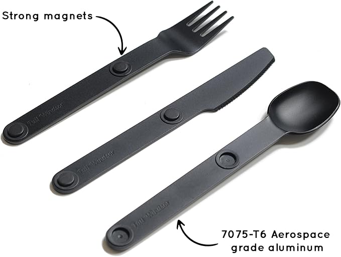 FULL WINDSOR - MAGWARE Magnetic Camping Cutlery Set - Travel Utensils for Camping, Cooking, and Outdoor Dining - Knife, Fork & Spoon - Portable Silverware with Pouch - Black (3 PCS)