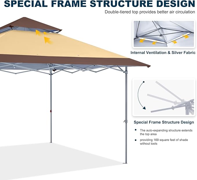 MASTERCANOPY 13x13 Pop-Up Canopy Tent Instant Shelter Outdoor Canopy with Wheeled Bag (Brown&Khaki)