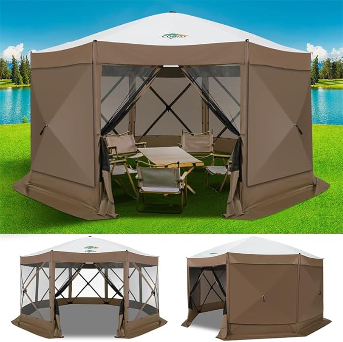 COBIZI 15x15ft Extra Large Pop-Up Gazebo Canopy Tent with Mosquito Netting, Spacious Easy Set-Up Screened Shelter, Durable Outdoor Pavilion with Ground Stakes, Perfect for Patio, Backyard, Brown