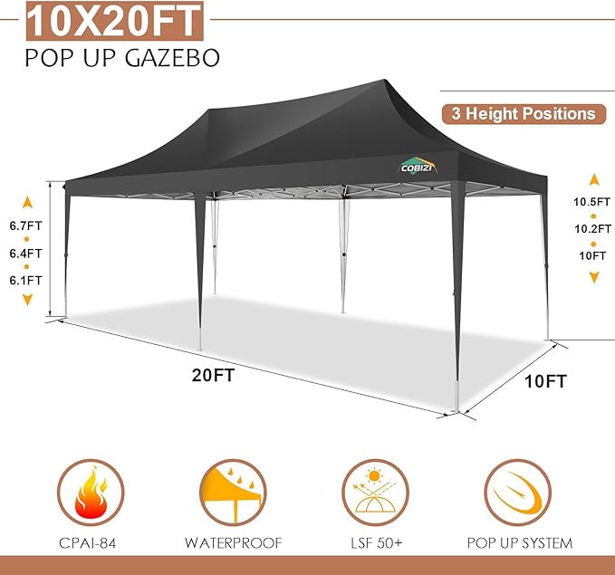 COBIZI 10x20 Pop Up Canopy Tent with Sidewalls,Party Tent Outdoor Gazebos, Waterproof & UV50+,3 Adjustable Heights,Higher Frame Design - Extra Tall for Parties Backyard,Weddings,Markets,Black