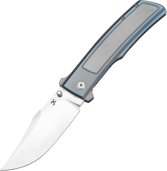 KANSEPT Bison Pocket Folding Knife, 4.25'' Satin CPM S35VN Steel Sharp Blade, Blue Durable Two-Tone Titanium Handle, Frame Lock and Thumb Stud for Edc, Camping Hiking Knives K1108B2