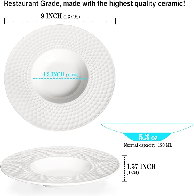 Creative home decor ceramic wide-rimmed soup bowls/plates, 5.3 oz pasta bowl set of 4, white embossed bowls and plates with rims, perfect for upscale restaurants, hotels and gourmets.