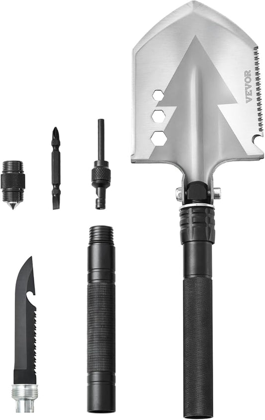 VEVOR Survival Shovel, 8 in 1 Camping Shovel Folding Multitool Kit, Portable and Compact, Stainless Steel, Multifunction for Off-Roading, Camping, Hiking, Outdoor, Survivalist and Emergency