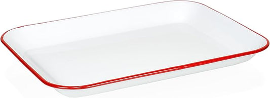Red Co. 13.5” x 10” Enamelware Metal Classic 1.6-Quart Rectangular Serving Tray, Solid White/Red Rim