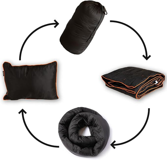 Ripstop Outdoor Camping Pillow and Blanket 3-in-1 - Versatile Lightweight Nylon Waterproof Stadium Blanket, Ultralight Backpacking Essentials, Travel Set - Black and Orange