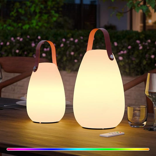 uuffoo 2 Pack Outdoor Table Lamp - Dimmable Rechargeable Night Lights w/ Remote and 7 RGB Colors, IP44 Water-Resistant Portable Hanging Lantern for Patio, Bedroom, Garden, Emergency (Leather Handle)