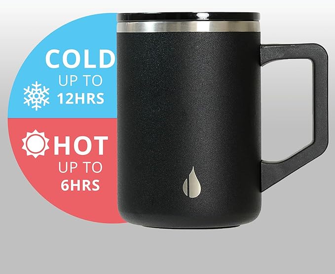 Elemental Insulated Coffee Mug - Triple-Wall Stainless Steel Summit Travel Cup for Hot and Cold Drinks - Thermal Coffee Mug with Lid and Handle for Camping, Office & Travel 16oz - Black