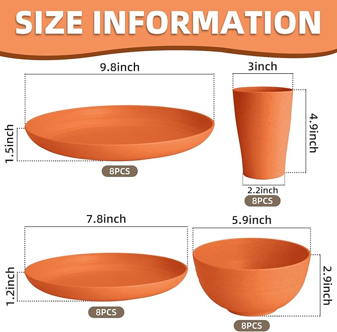Orange Plastic Dishes Set for 8 includes Dinner Plates,Pasta Bowls,Soup Bowls and Drinking Cups,Unbreakable Orange Plastic Plates Set Microwave Dishwasher Safe For Thanksgiving Dinnerware Sets,32PCS