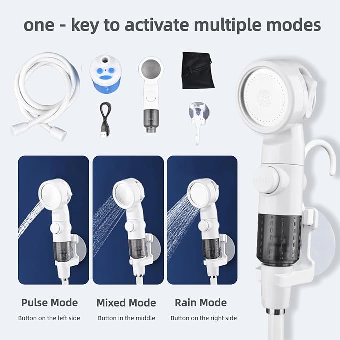 Portable Shower for Camping, Rechargeable Portable Camping Shower Pump with USB-C, Camp Shower with 3 Spray Modes, Outdoor Shower Kit for Camping, RV, Travel, Pet Bath, Watering Plants (+ Mesh Bag)