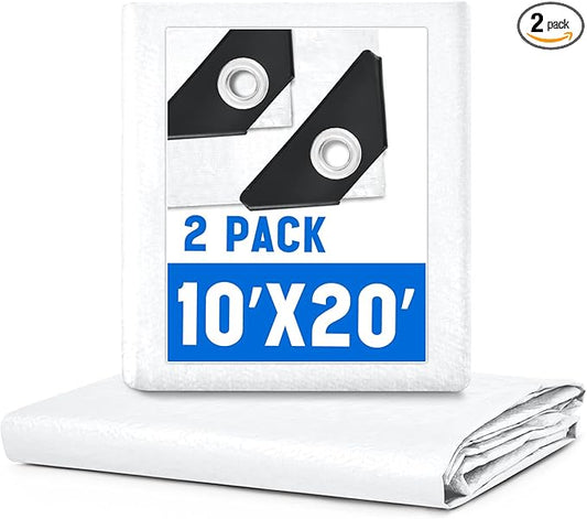 2 Pack 10 x 20 ft 5.5 Mil Large Tarps Heavy Duty Waterproof Tarp Multi Purpose Tent Cover for Home Boats Cars Camping Patio Furniture Roof Emergency Rain Protective Cover, White