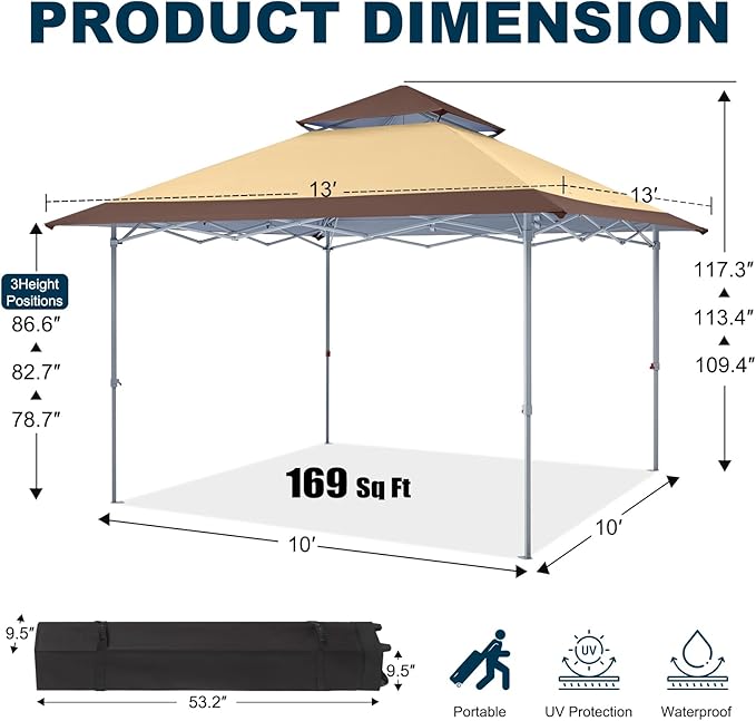MASTERCANOPY 13x13 Pop-Up Canopy Tent Instant Shelter Outdoor Canopy with Wheeled Bag (Brown&Khaki)