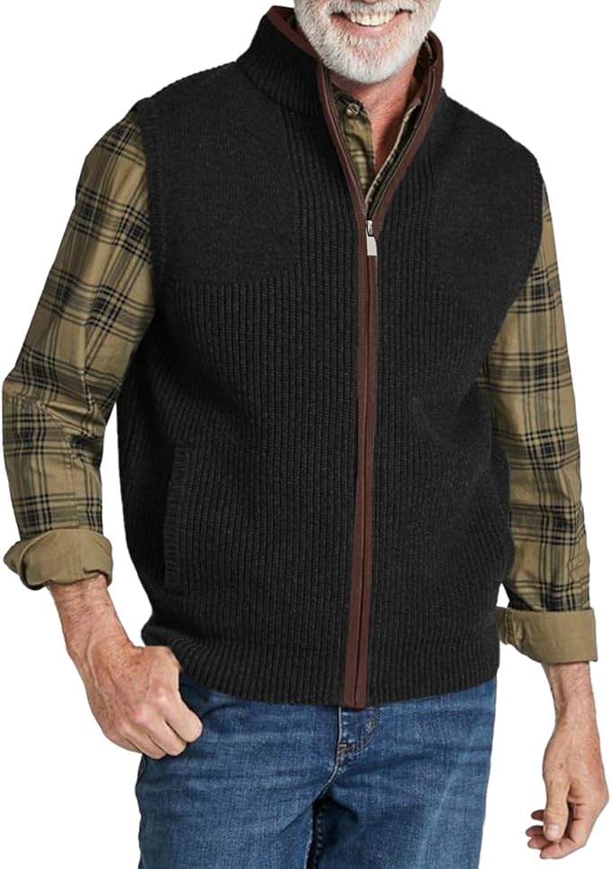 Ryannology Mens Sweater Vest Zip up Casual Sleeveless Cardigan Knitted Stand Collar Regular Fit Jacket with Pockets