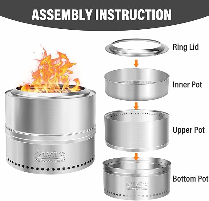 Onlyfire Smokeless Fire Pit with Carrying Bag, 20” Portable Outdoor Fire Pit for Camping Tailgating Patio Backyard Bonfire Party, 360°Air Flow Wood Burning Fireplace, Stainless Steel