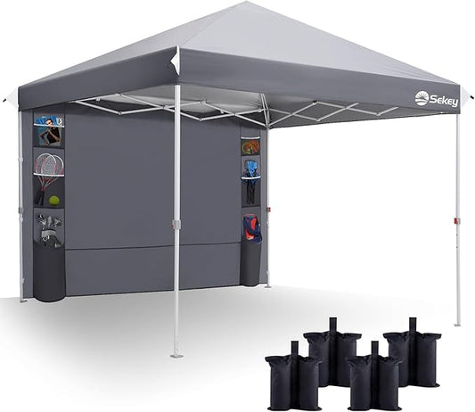 Sekey 10x10 Pop Up Canopy with Pockets Sidewall, One Push Setup Instant Outdoor Gazebo, Instant Canopy Tents with UPF50+ Top, 4 Weight Bags for Events, Beach, Patio, Camping