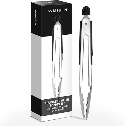 Misen Kitchen Tongs - Dishwasher Safe, Heavy Duty - Precision Stainless Steel Grilling Tool - Heat Resistant - Perfect for Serving and Air Frying - 13 Inch | Black