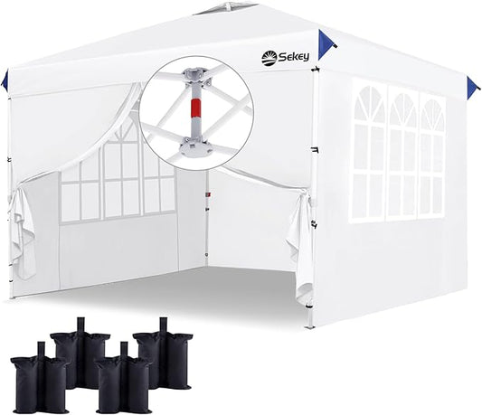 Sekey 10x10 Pop Up Canopy with 4 Sidewalls, One Push Setup Instant Outdoor Gazebo, Instant Easy Up Canopy with UPF50+ Top, 4 Weight Bags for Events, Beach, Patio, Camping