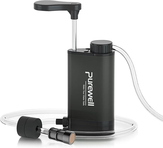 Purewell Water Purifier Pump with Replaceable Carbon 0.01 Micron Water Filter, 4 Filter Stages, Portable Outdoor Emergency and Survival Gear - Camping, Hiking, Backpacking