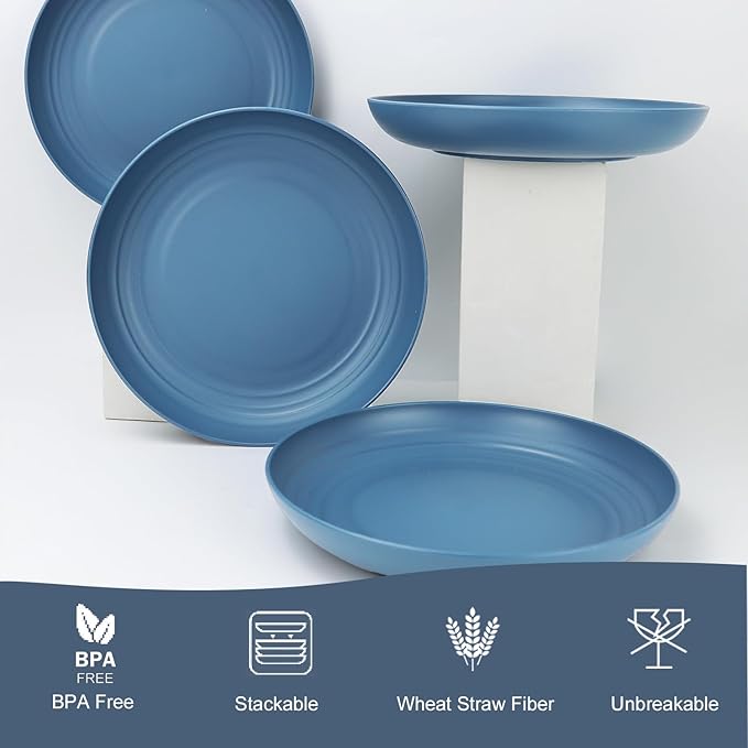 Homienly Deep Dinner Set of 12 - Alternative for Plastic, Microwave and Dishwasher Safe Wheat Straw Plates for Kitchen, Unbreakable Kids (Blue, 10 Inch)