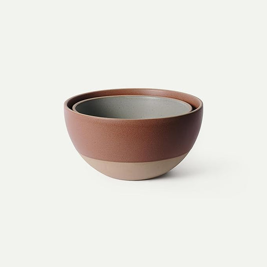 MORA Mega and Giant Bowls Set of 2, 5.5 and 3.5 Qt Ceramic Pottery Mixing Bowls - Microwave and Dishwasher Safe - Terracotta & Peppercorn