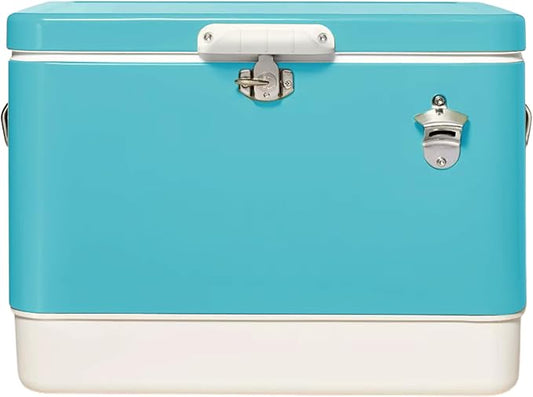 FSE Retro Metal Cooler, 80 Can/54 Qt. Capacity, Hard-Sided, Two Tone, Holds Up to 80 Beverage Cans, Metal Construction with Plastic Lining