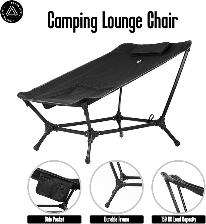 Low Back Folding Camping Chairs for Adults with Storage Pouches & Carrying Case - Foldable Lawn Chairs, Beach Chair, Fishing Chair, Portable Lightweight Outdoor Chair. (Black)