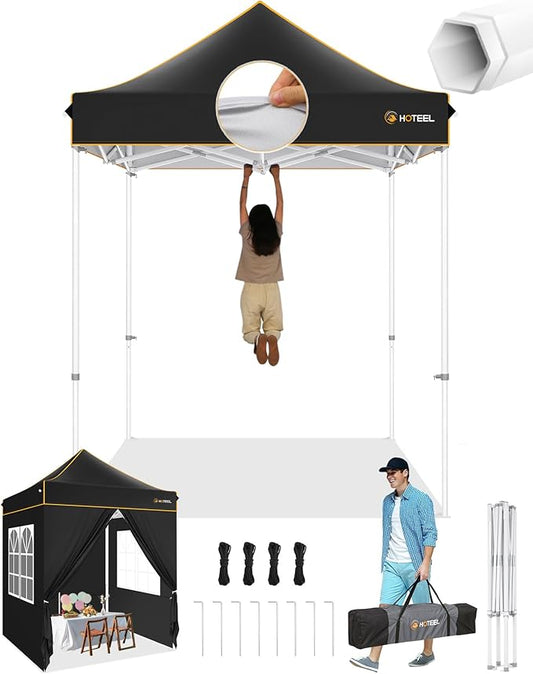 HOTEEL 6.6x6.6 Heavy Duty Pop Up Canopy Tent for Parties Event Wedding Commercial Instant Canopy with Carry Bag, Party Tent Waterproof UV 50+, Upgraded Thick Hexagonal Legs,Black