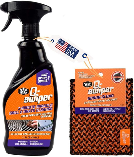 Q-Swiper 2-Minute Miracle Grill & Grate Cleaner | Fast-Acting and Non-Toxic | Cleans and degreases BBQ and Oven cooking grates, racks and walls | Use on Exterior too | Includes Scrub Clean Cloth