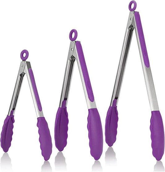 U-Taste Kitchen Tongs, 7/9/12 inches Cooking Tongs, with 600ºF High Heat-Resistant Non-Stick Silicone Tips, 18/8 Stainless Steel Handle, for Food Grill, Salad, BBQ, Frying, Serving, Pack of 3(Purple)