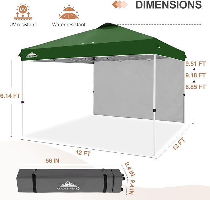 EAGLE PEAK Pop Up Canopy Tent with 1 Sidewall, Easy Setup Event Tent, Outdoor Sun Shade, Wheeled Carry Bag, Stakes and Guy Ropes, Instant Canopy 12x12, Green