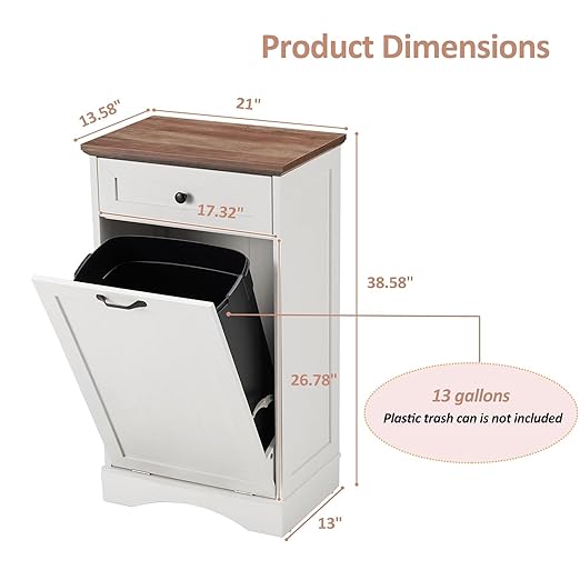 13 Gallons Tilt Out Trash Cabinet Freestanding Kitchen Trash Bin Cabinet Wood Garbage Recycling Cabinet with Hideaway Drawer Pet Proof Trash Can Holder for Kitchen Living Room, Antique White
