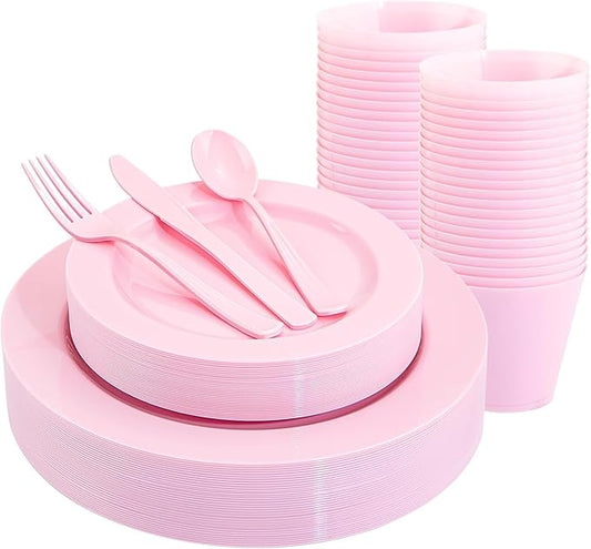 KIRE 150 Pieces Pink Plastic Plates Disposable - Pink Dinnerware Set Include 25 Dinner & 25 Salad Plates 25Forks 25Knives 25Spoons 25 Cups for Baby Shower/Bridal Shower