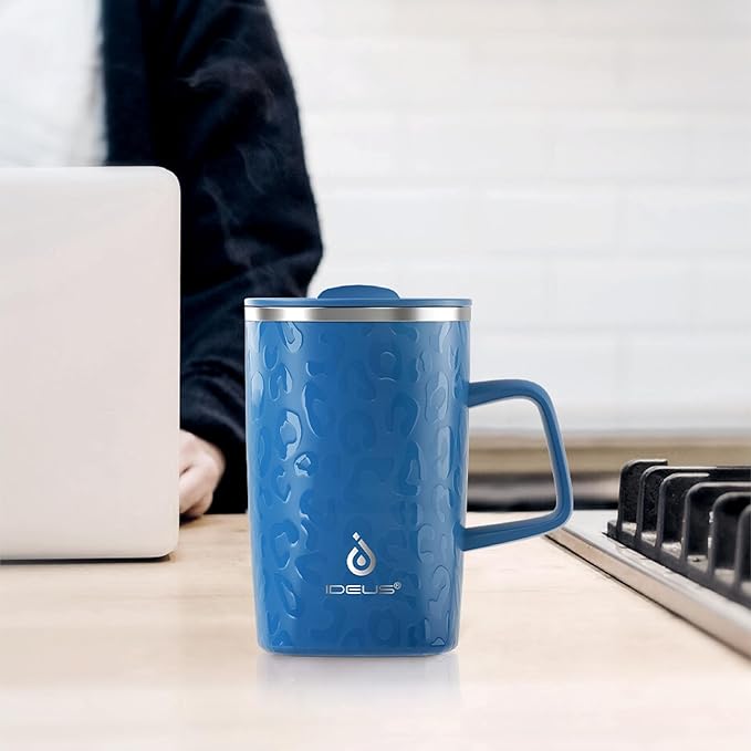 Ideus Vacuum Insulated Coffee Mug, 16oz Reusable Stainless Steel Thermal Double Walled cup with Handle and Slider Lid for Hot & Cold Beverages, BPA Free (Leapord Blue)