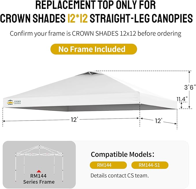 CROWN SHADES 12x12 Canopy Replacement Top - Only Compatible with Crown Shades RM144 Series, Silver Coated with Air Vent, White(Top Only)
