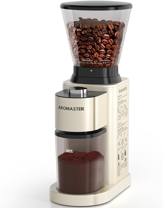 Aromaster Coffee Bean Grinder with 48 Gind Settings, Conical Burr Coffee Grinder for Home Use,Stainless Steel,40 Seconds Adjustable Timer,Anti-static,Easy to Clean with Brush,Beige