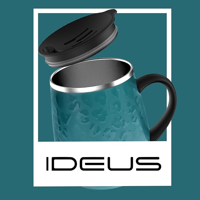Ideus 16 oz (470 ml) Insulated Coffee Mug with Handle and Lid, Double Wall Stainless Steel Vacuum Thermal Coffee Mug, Travel Coffee Cup Thermal Cup for Home and Office, Leopard Green